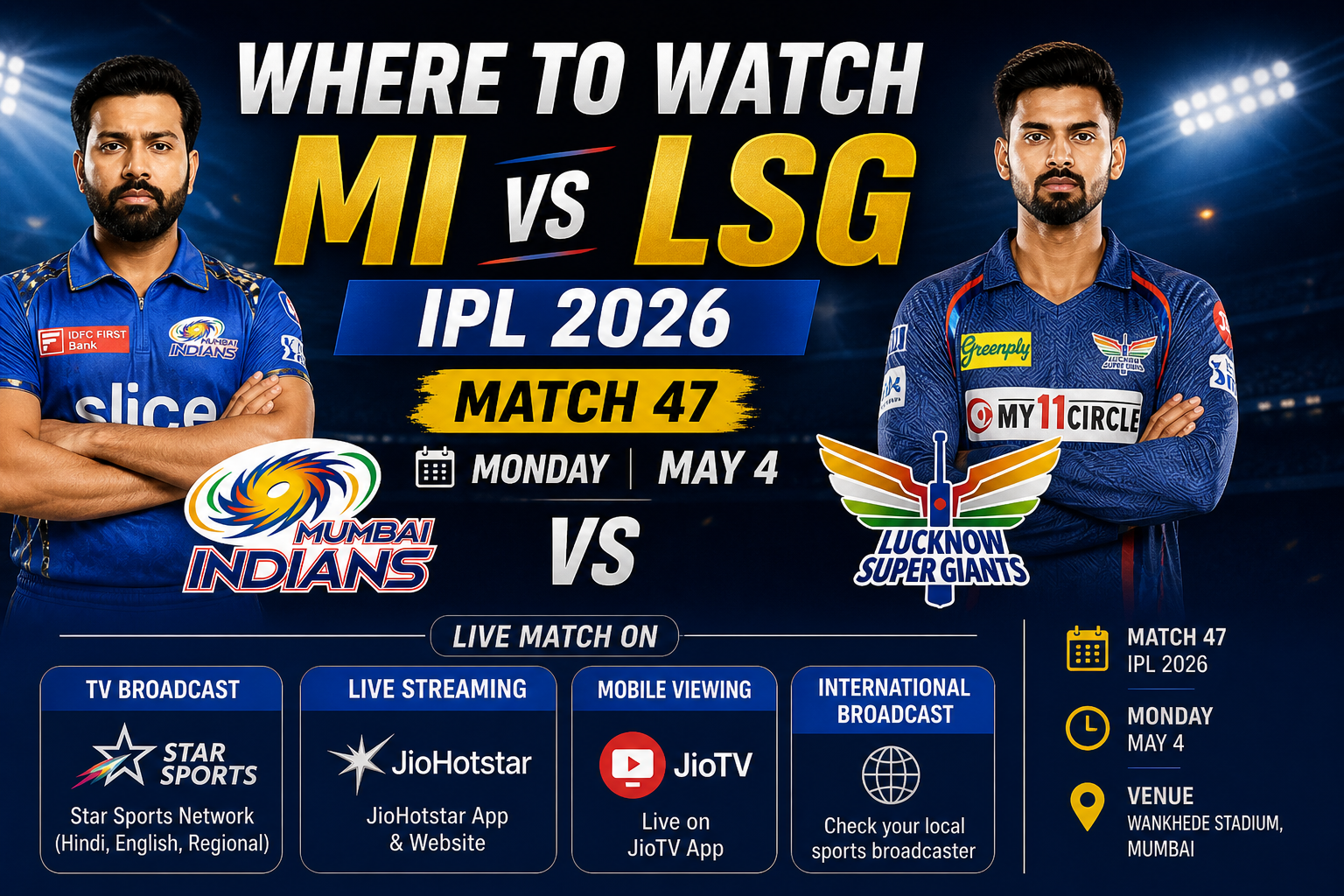 Where to Watch MI vs LSG IPL 2026 — Match 47, Monday May 4